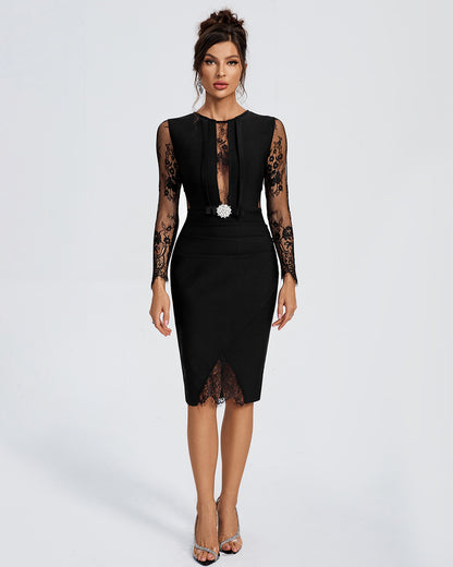 LLstyle Black Lace-Sleeve Midi Dress
