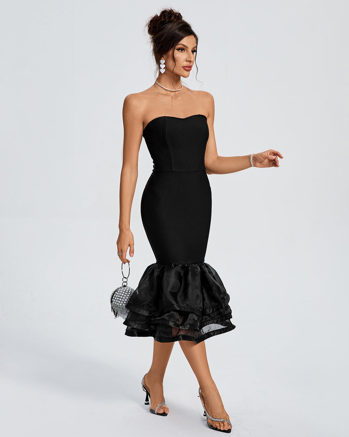 LLstyle Black Strapless Layered Ruffle Hem Dress