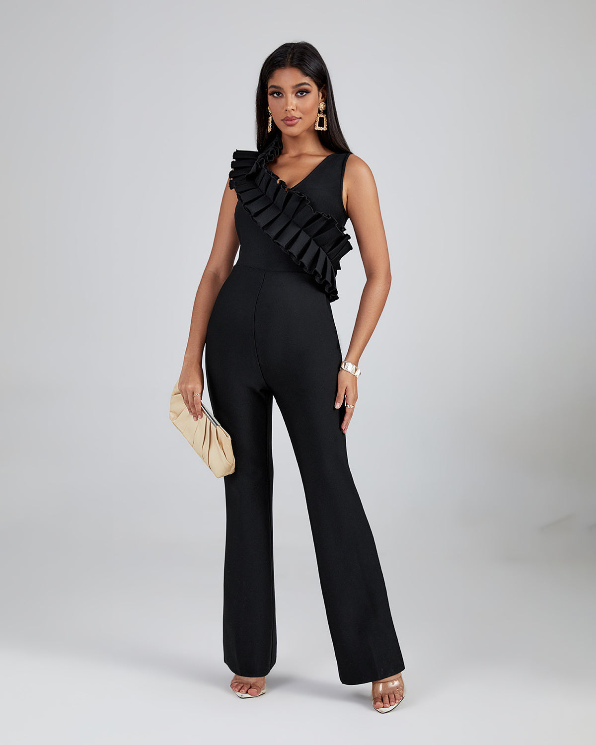 LLstyle Black One-Shoulder Ruffle Jumpsuit