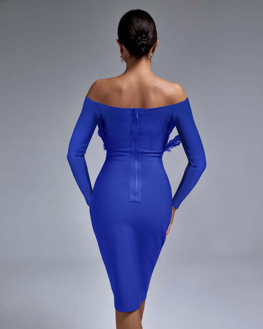 LLstyle Royal Blue Feather Off Shoulder Midi Dress