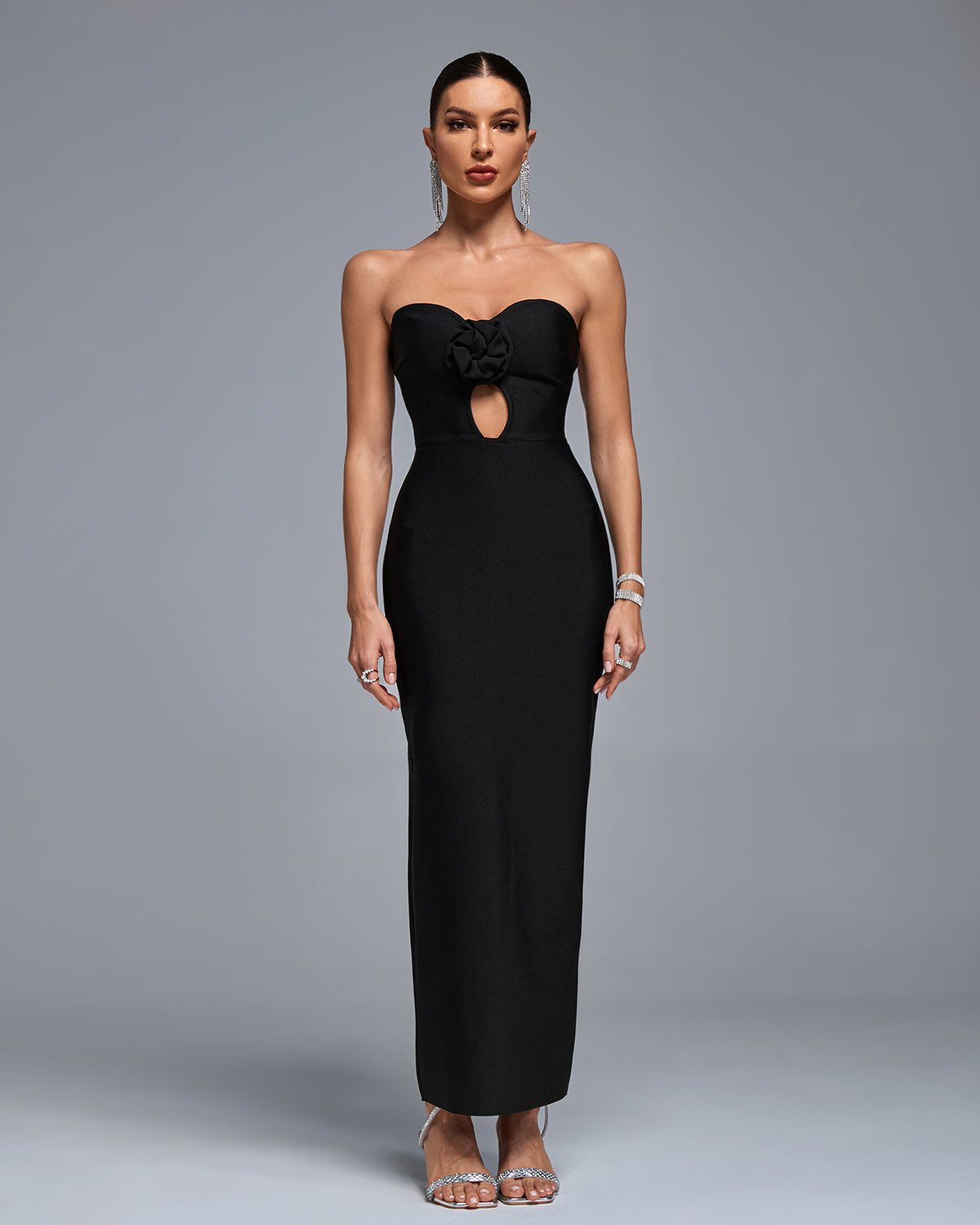 LLstyle Black Strapless Rose-Detail Maxi Dress