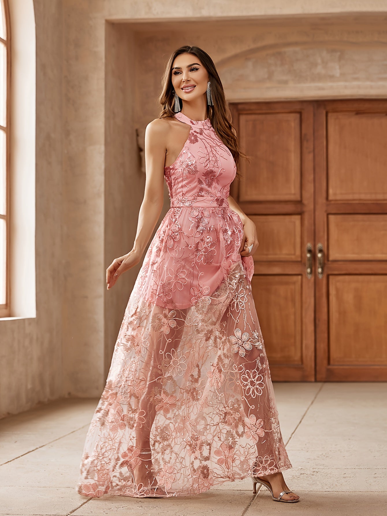 LLstyle Elegant Sleeveless Lace Overlay A-line Evening Dress