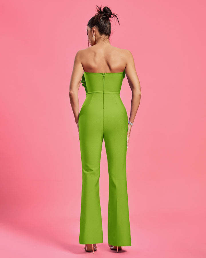 LLstyle Green Strapless Ruffle-Bodice Wide-Leg Jumpsuit