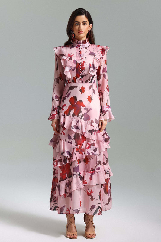 LLstyle Floral Ruffle High-Neck Maxi Dress