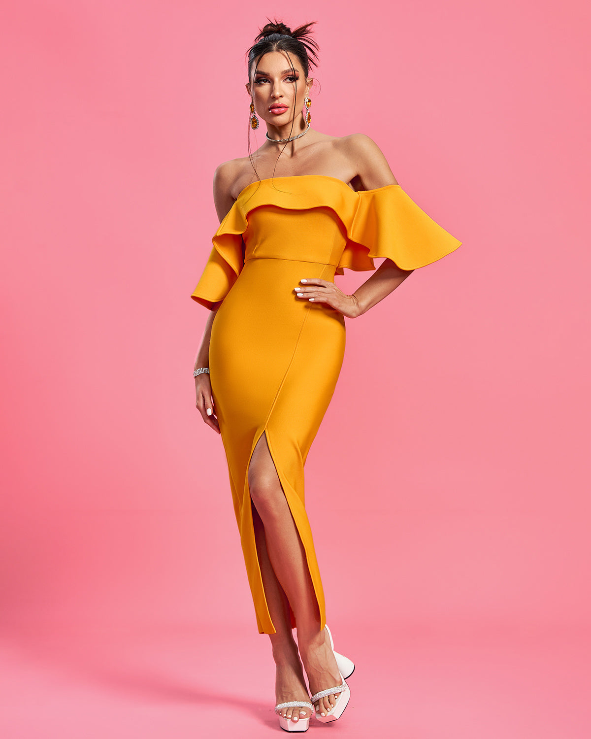 LLstyle Off Shoulder Golden Ruffle Dress