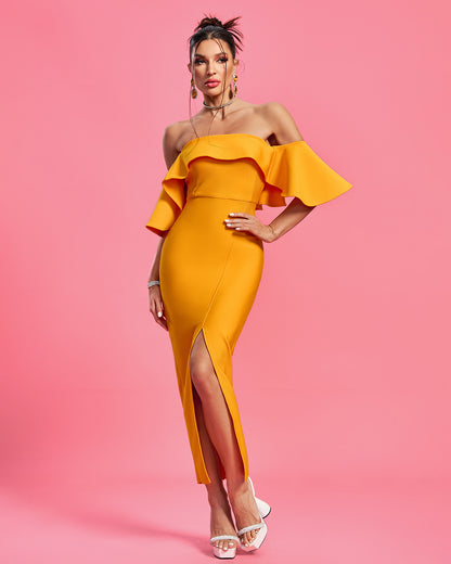LLstyle Off Shoulder Golden Ruffle Dress