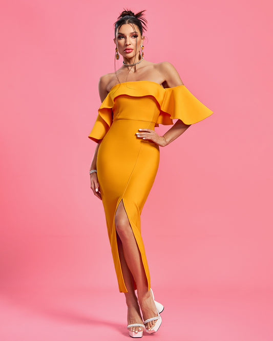 LLstyle Off Shoulder Golden Ruffle Dress