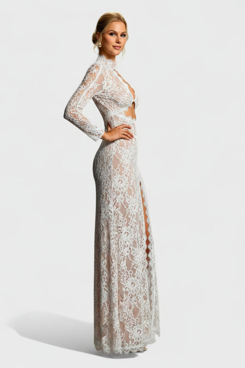 Annie Lace Illusion High-Slit Evening Gown