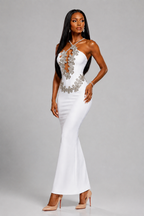 Silver Floral Elegance White Halter Maxi Dress