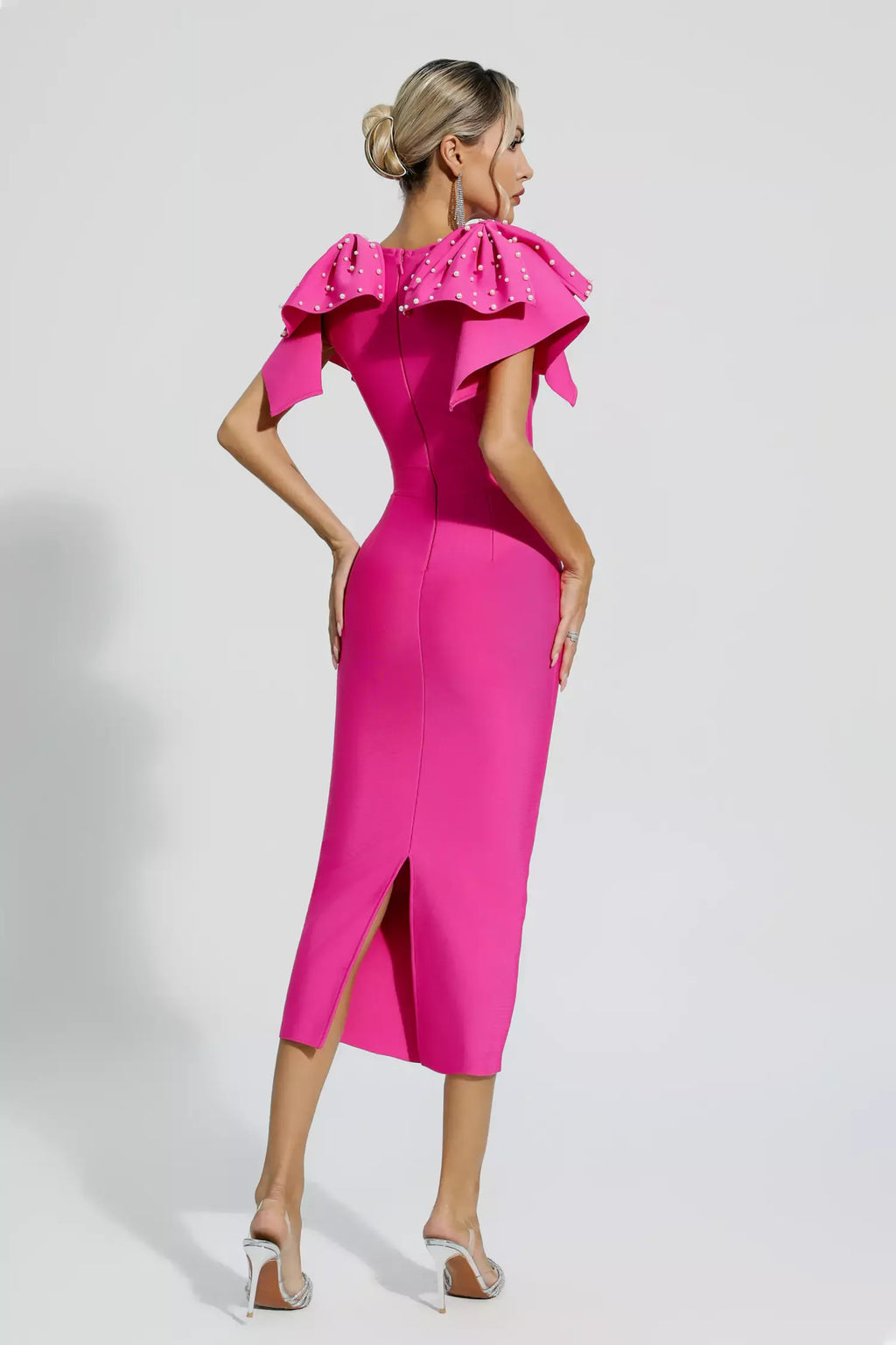 LLstyle Fuchsia Pearl Cape Sleeve Midi Dress