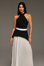 Black & White Halter Pleated Maxi Dress