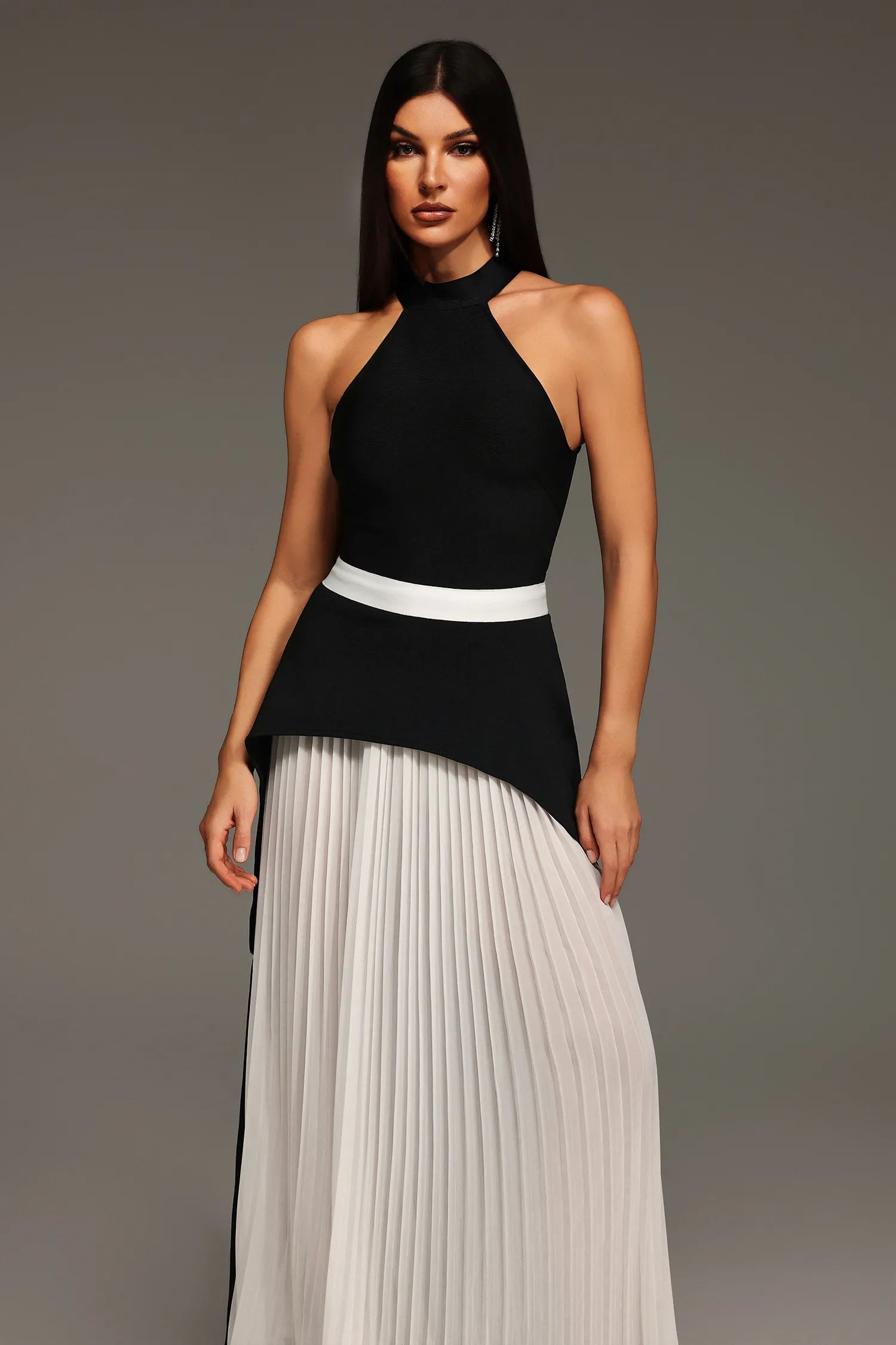 Black & White Halter Pleated Maxi Dress