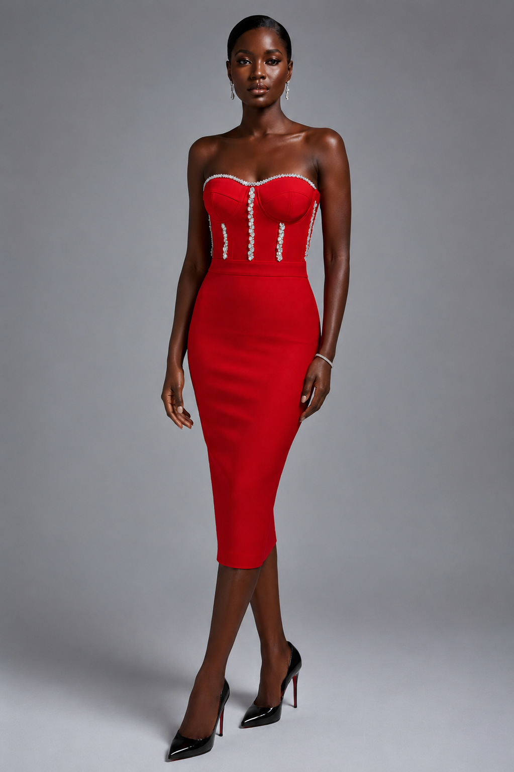 Aniston Crystal Trim Strapless Midi Dress