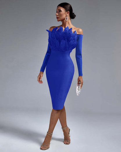 LLstyle Royal Blue Feather Off Shoulder Midi Dress