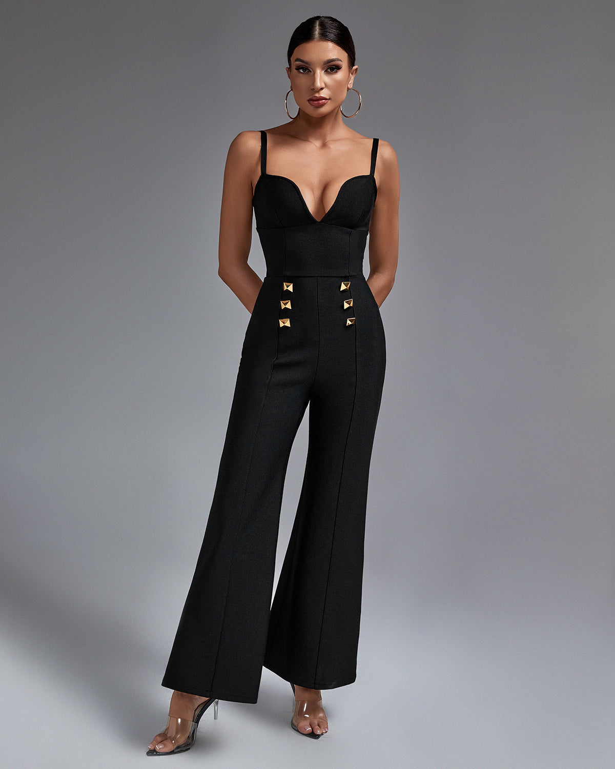 LLstyle Black Gold-Detail Flare-Leg Jumpsuit