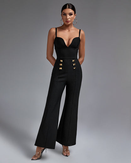 LLstyle Black Gold-Detail Flare-Leg Jumpsuit