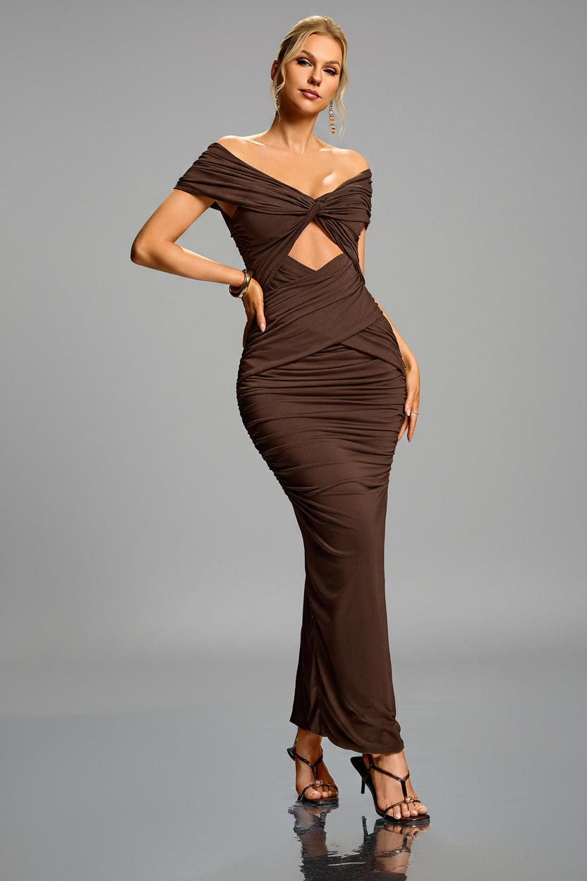 Jennifer Ruched Off-Shoulder Cutout Gown
