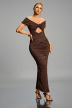Jennifer Ruched Off-Shoulder Cutout Gown