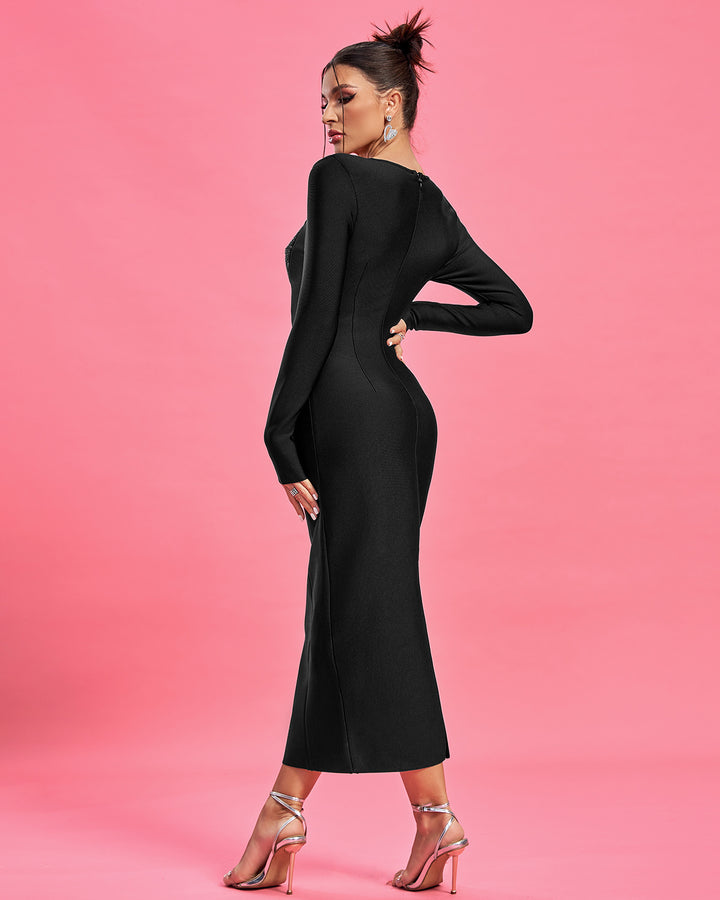 LLstyle Black Long Sleeve Sculpted Midi Dress