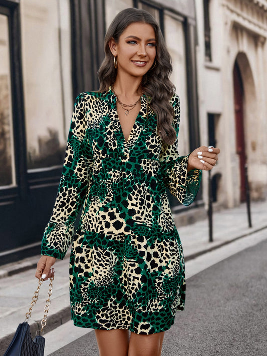 LLstyle Leopard Notched Long Sleeve Dress