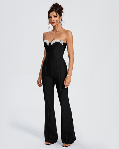 LLstyle Black Strapless Crystal Bust Jumpsuit