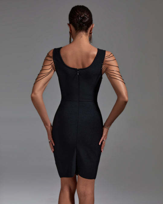 LLstyle Black Chain Shoulder Bodycon Dress
