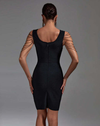 LLstyle Black Chain Shoulder Bodycon Dress