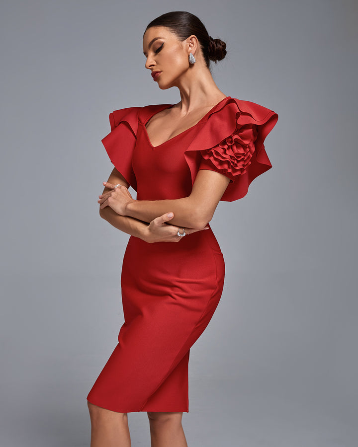 LLstyle Red Ruffle Sleeve Midi Dress