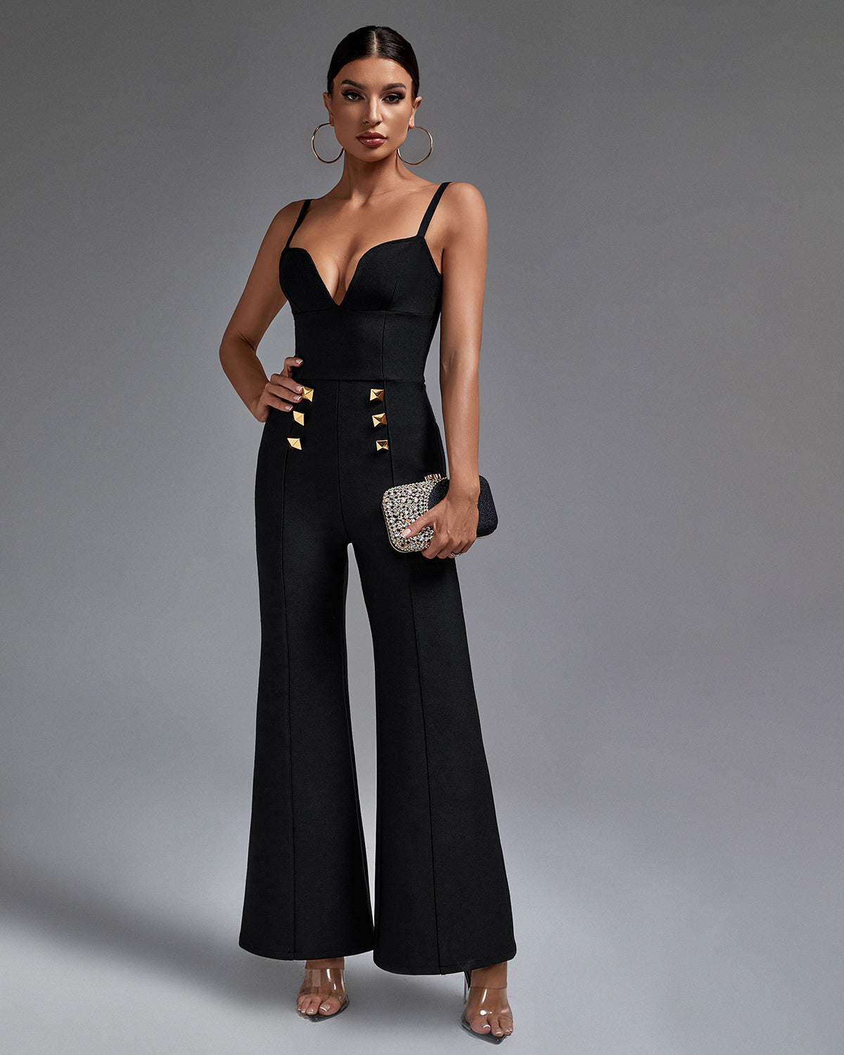 LLstyle Black Gold-Detail Flare-Leg Jumpsuit