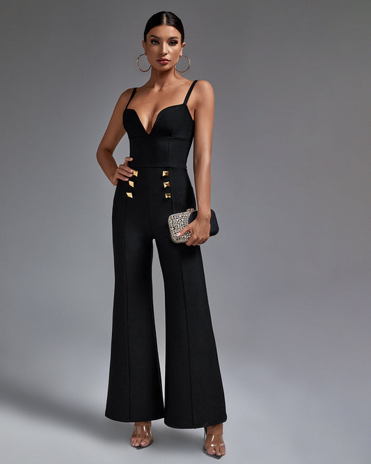 LLstyle Black Gold-Detail Flare-Leg Jumpsuit