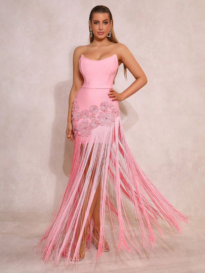 LLstyle Pink Floral Appliqué Fringe Maxi Dress