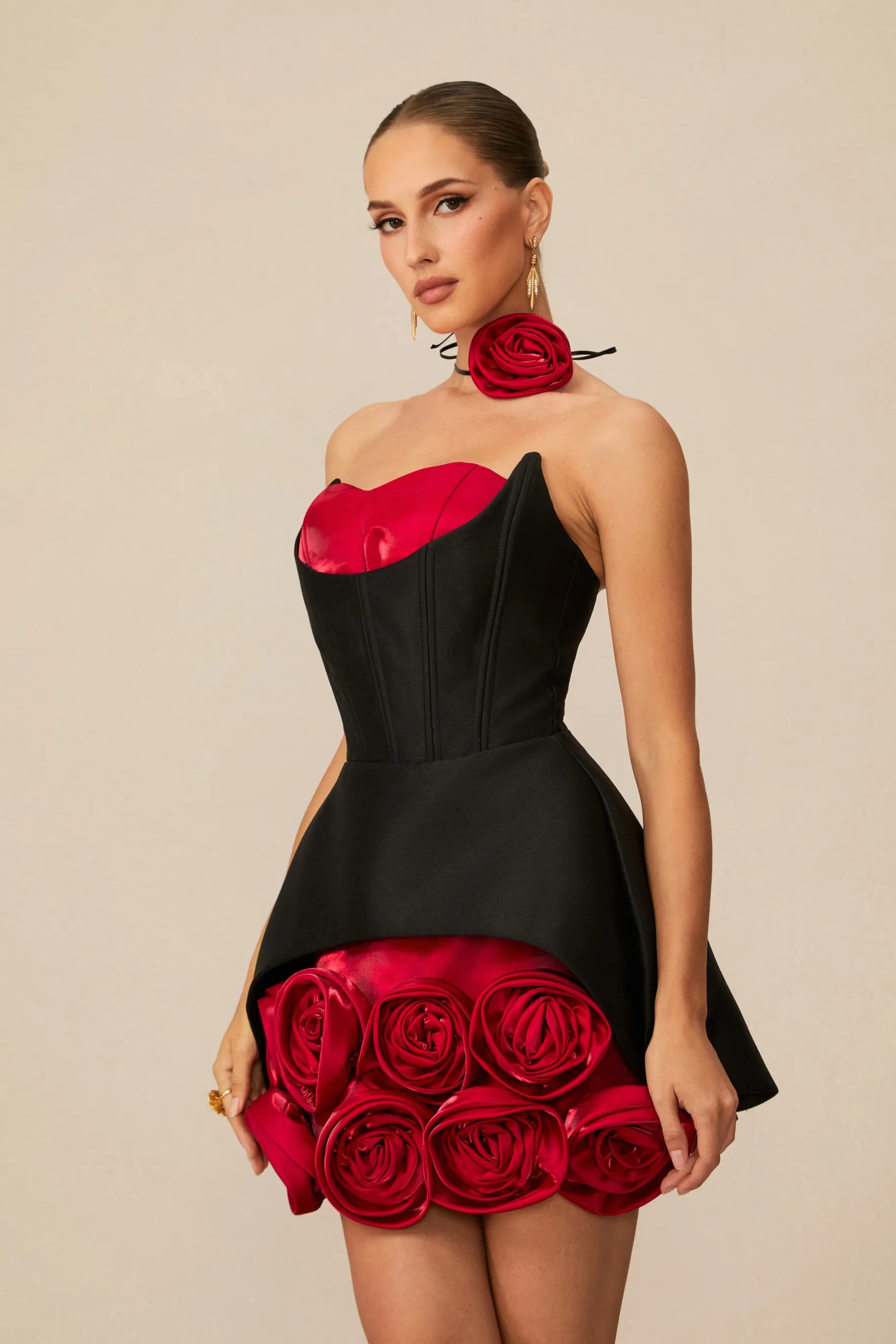 LLstyle Black & Red Rose Sculpted Corset Mini Dress
