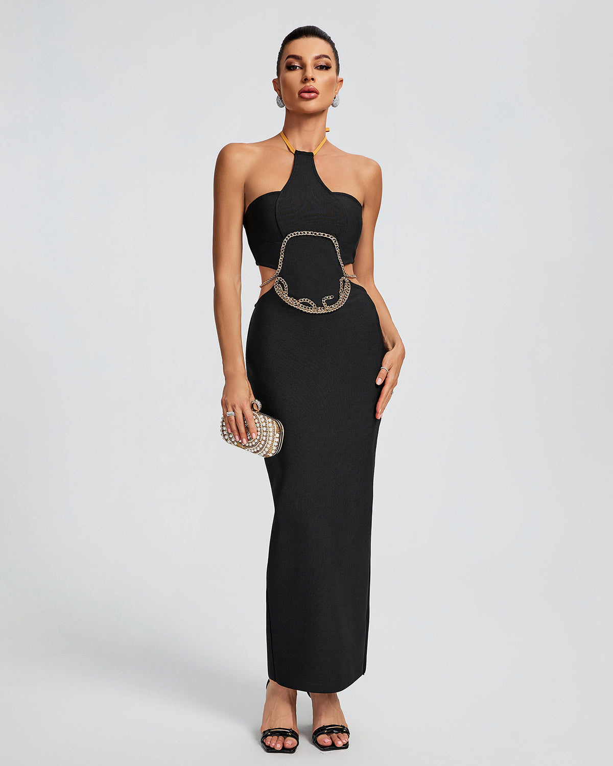 LLstyle Black Cutout Halter Maxi Dress with Gold Chain Detail