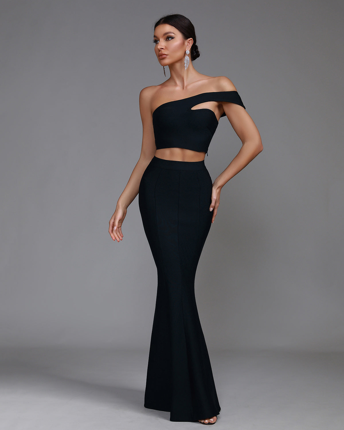 LLstyle Black Asymmetric Two-Piece Maxi Set