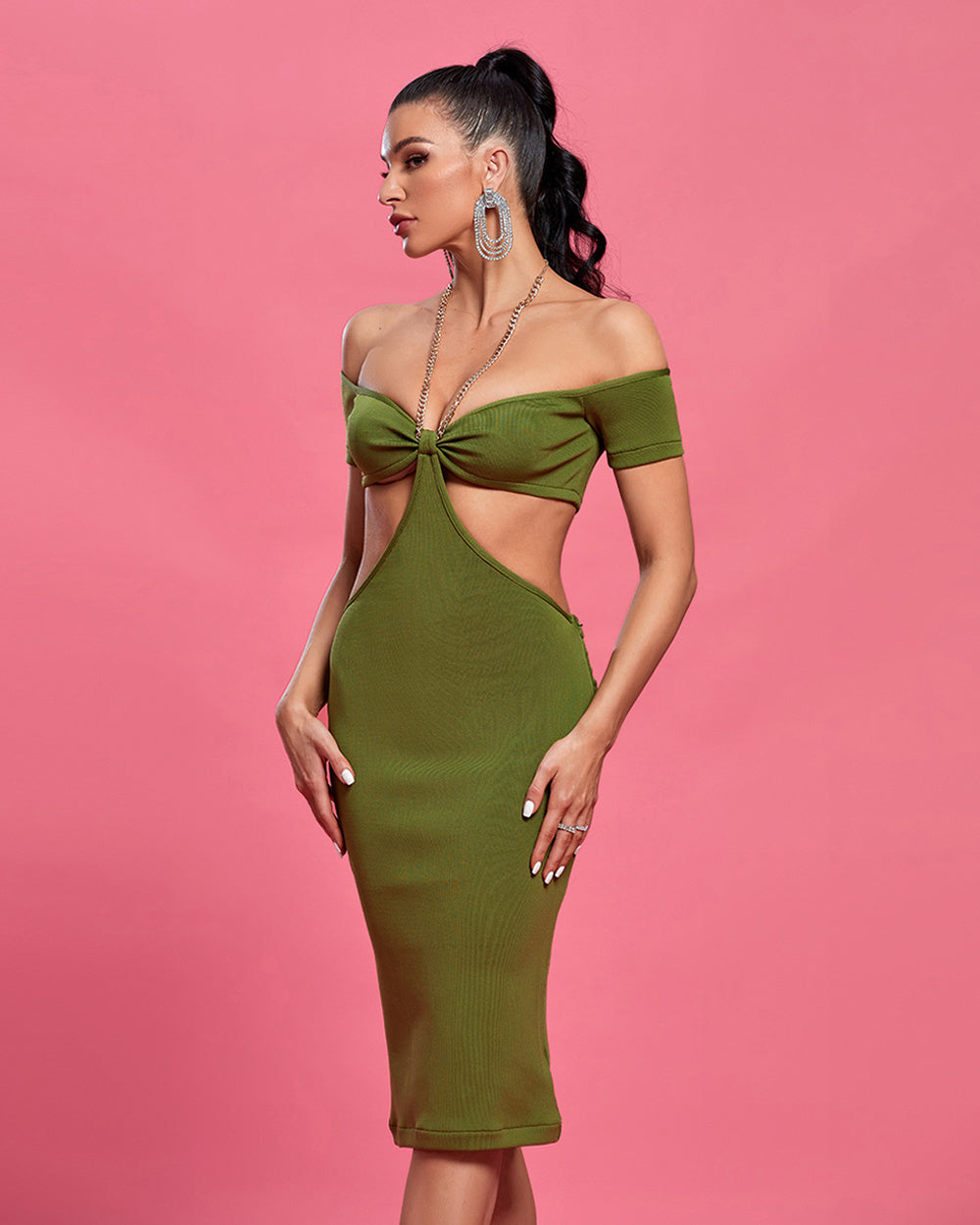 LLstyle Olive Cut-Out Off-Shoulder Midi Dress
