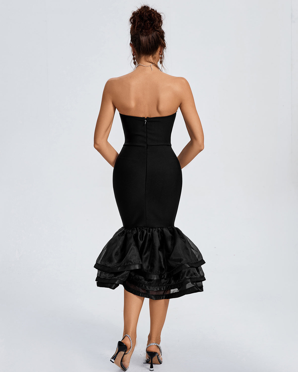 LLstyle Black Strapless Layered Ruffle Hem Dress