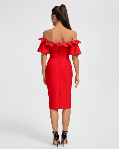LLstyle Red Off Shoulder Ruffle Midi Dress