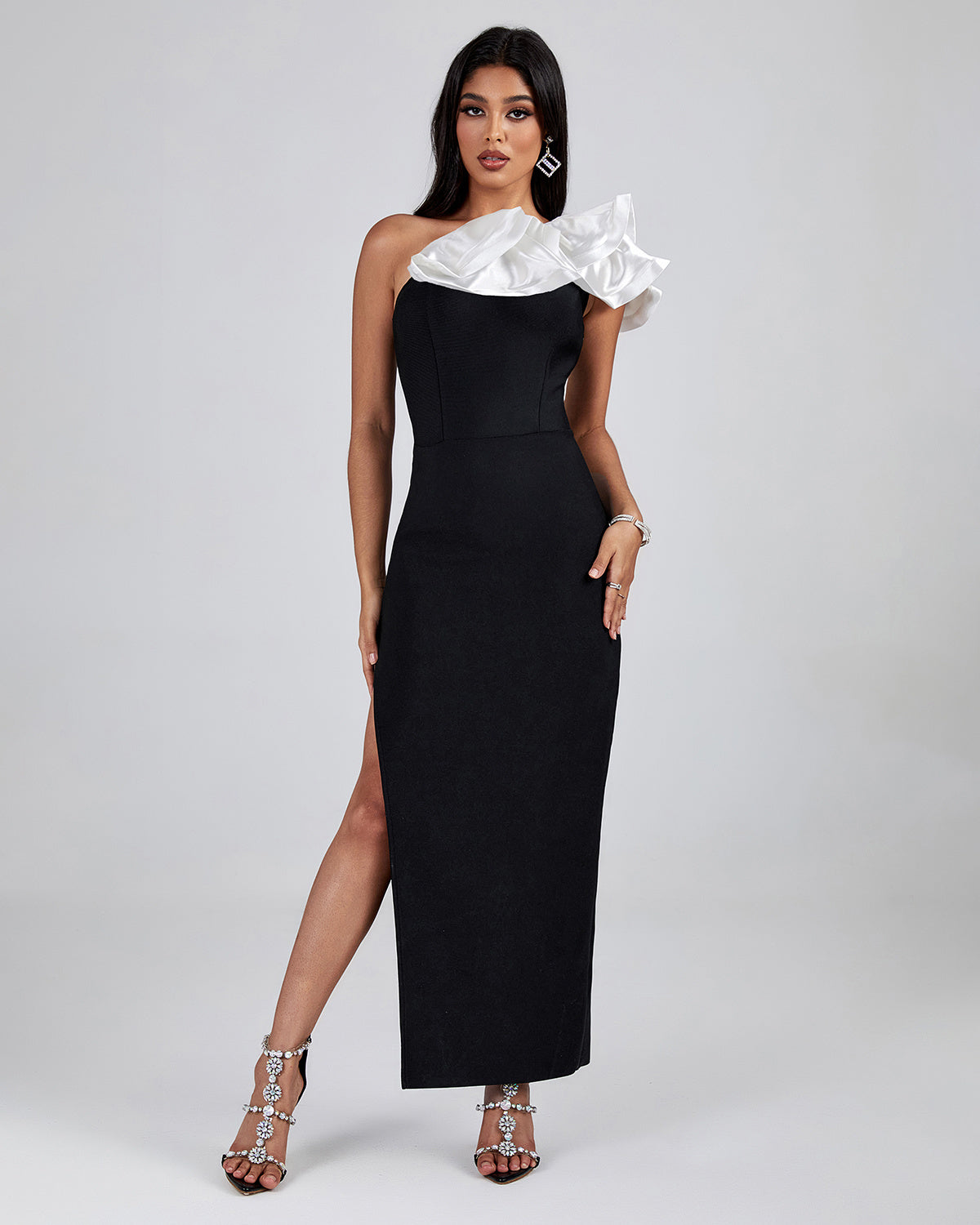 LLstyle Black One Shoulder Ruffle Maxi Dress