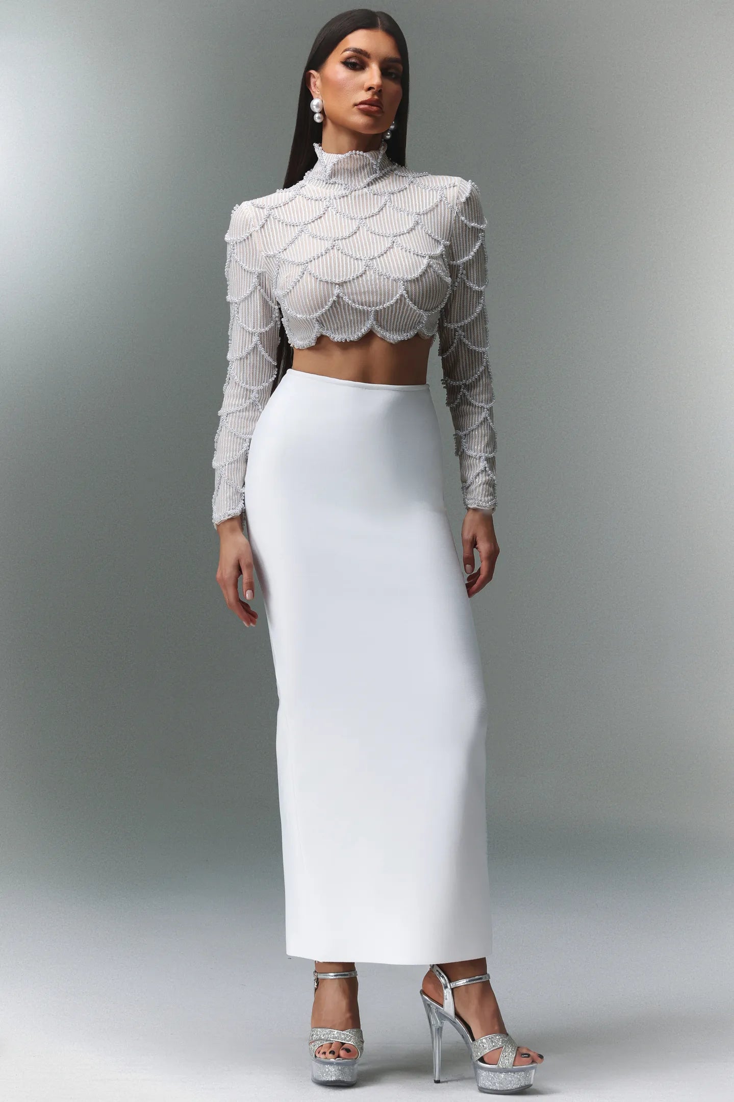 LLstyle Pearl-Embellish Top & Maxi Skirt Set