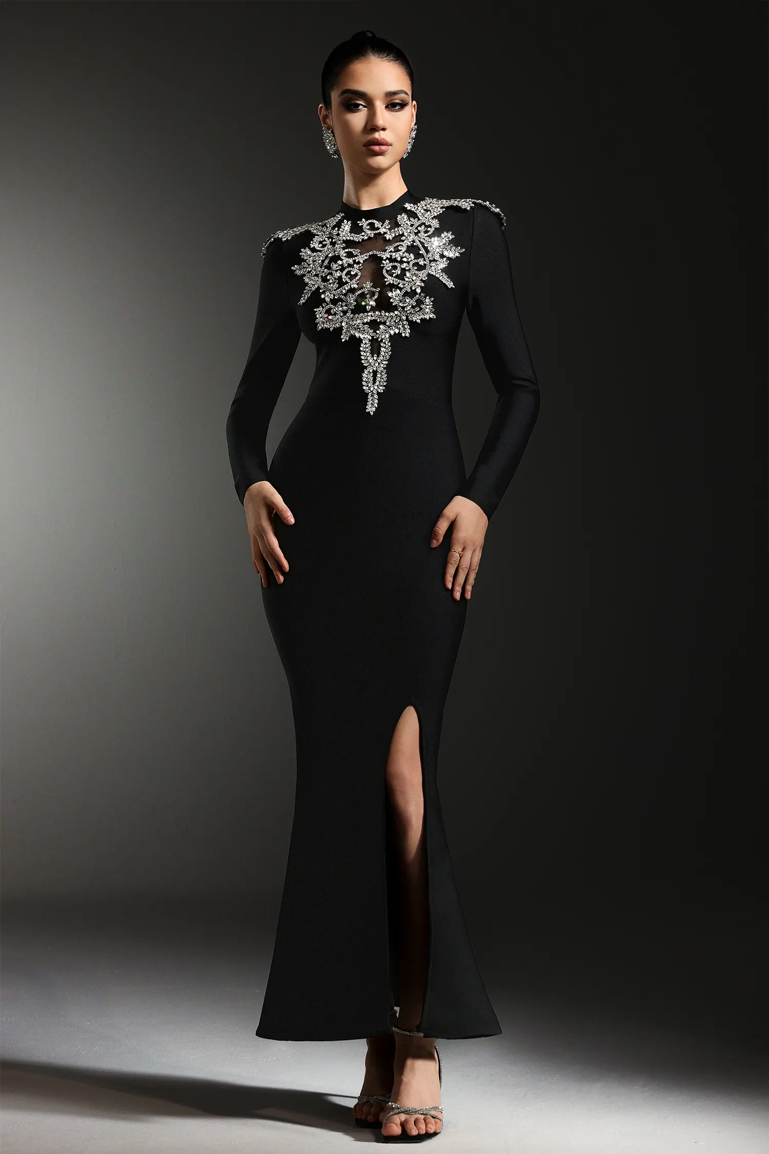 LLstyle Crystal-Embellished High-Neck Gown with Slit
