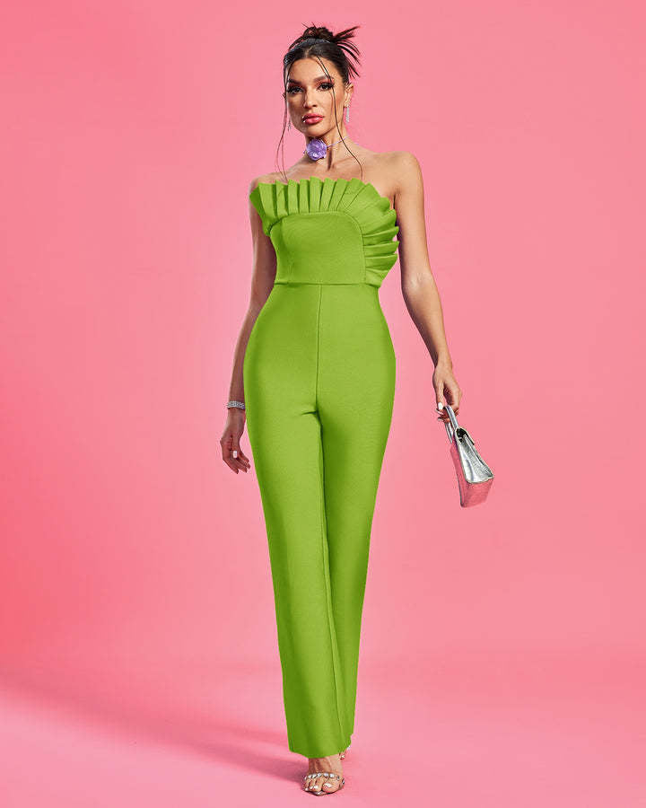 LLstyle Green Strapless Ruffle-Bodice Wide-Leg Jumpsuit