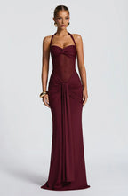 Dio Burgundy Halter Mesh Maxi Dress