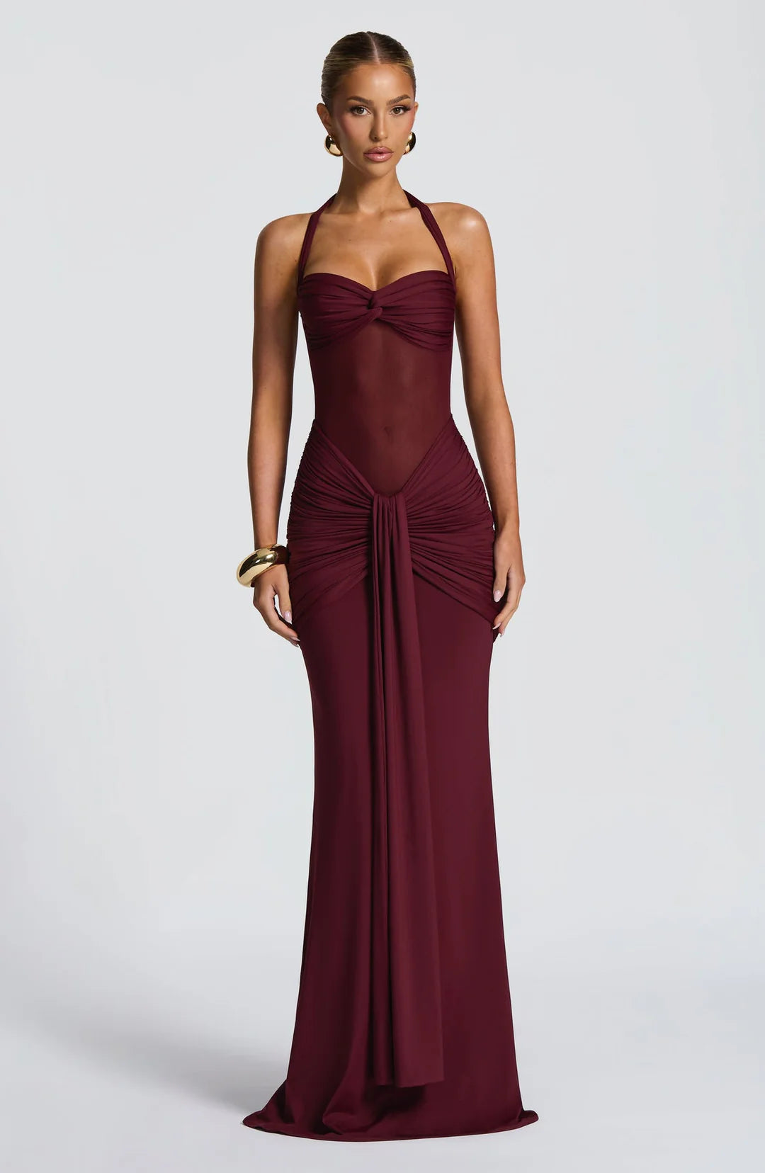 LLstyle Burgundy Halter Mesh Maxi Dress