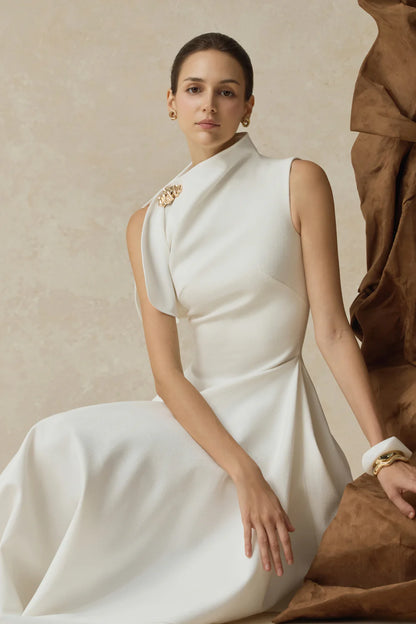 LLstyle White Asymmetrical High-Neck Midi Dress