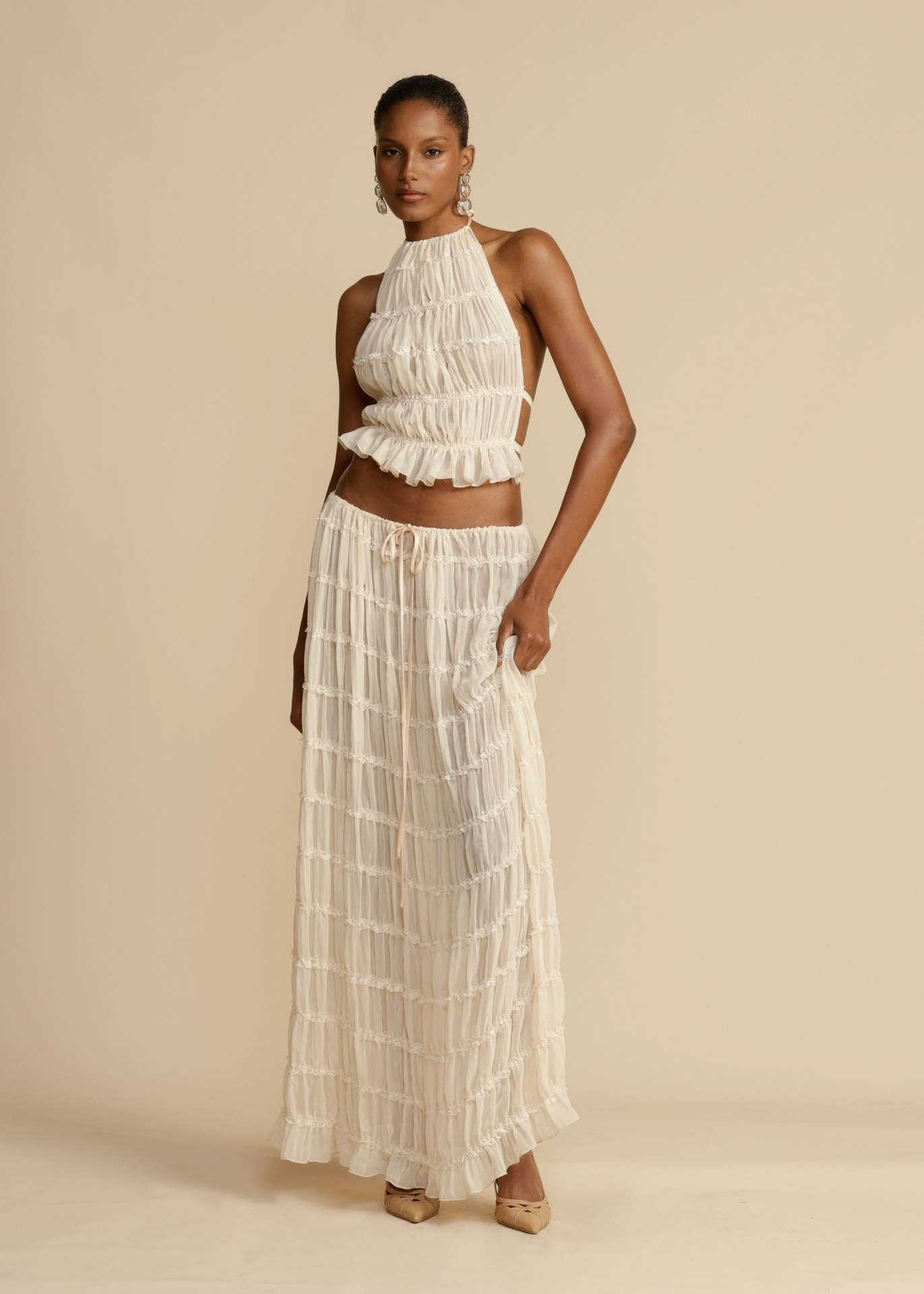 LLstyle Ruffle Halter Crop Top & Tiered Maxi Skirt Set