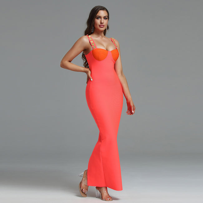 LLstyle Neon Coral Embellished Bustier Maxi Dress