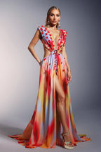Jaelyn Open-Back Floral Tie-Dye Maxi Gown