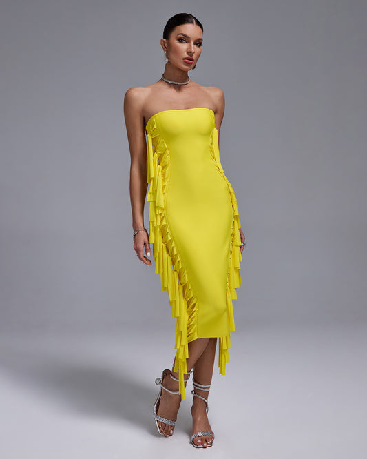 LLstyle Strapless Fringe Sculpted Midi Dress