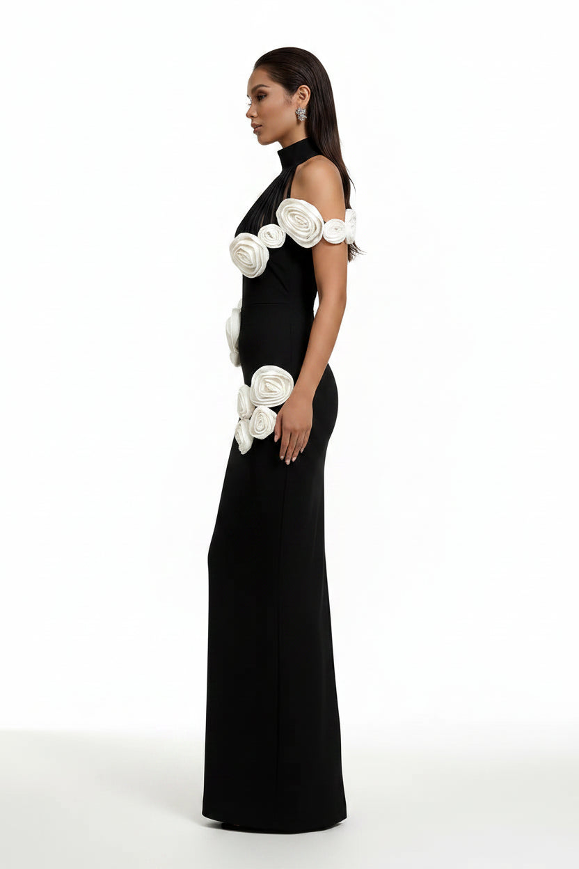 LLstyle Black 3D Floral Halter Gown