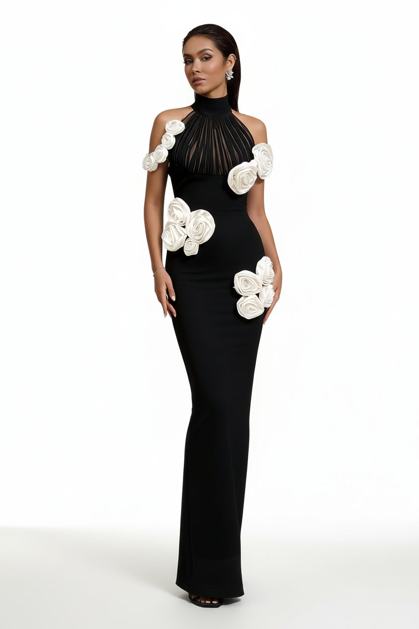 LLstyle Black 3D Floral Halter Gown